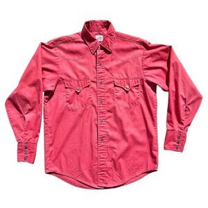 Vintage 70s Lee Red Western Button Up Shirt Size 38 Medium Metal Snaps